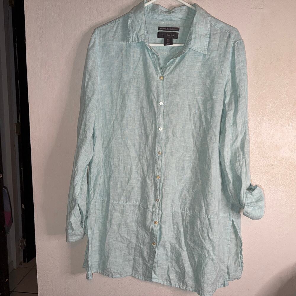 Tahari Women’s Blue 100% Linen Tunic Top (L)